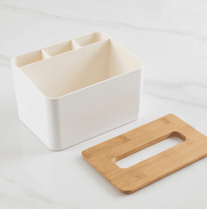 Tissue Box with Bamboo Lid and 3 Storage Compartments