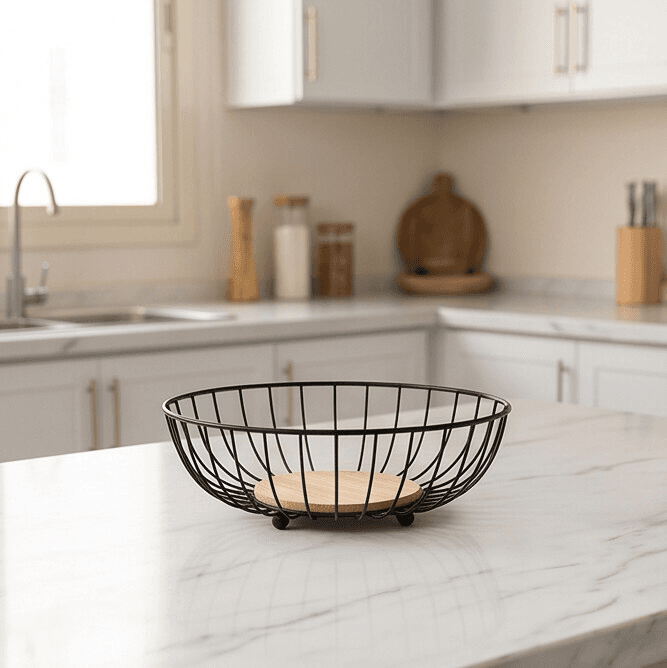 Metal Fruit Basket with Wooden Base - Black 1