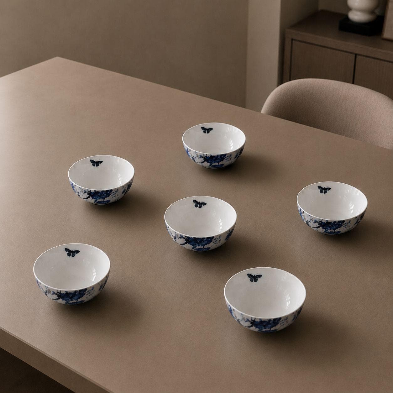 White Ceramic Bowl with Blue Flowers and Butterfly - 750 ml 5