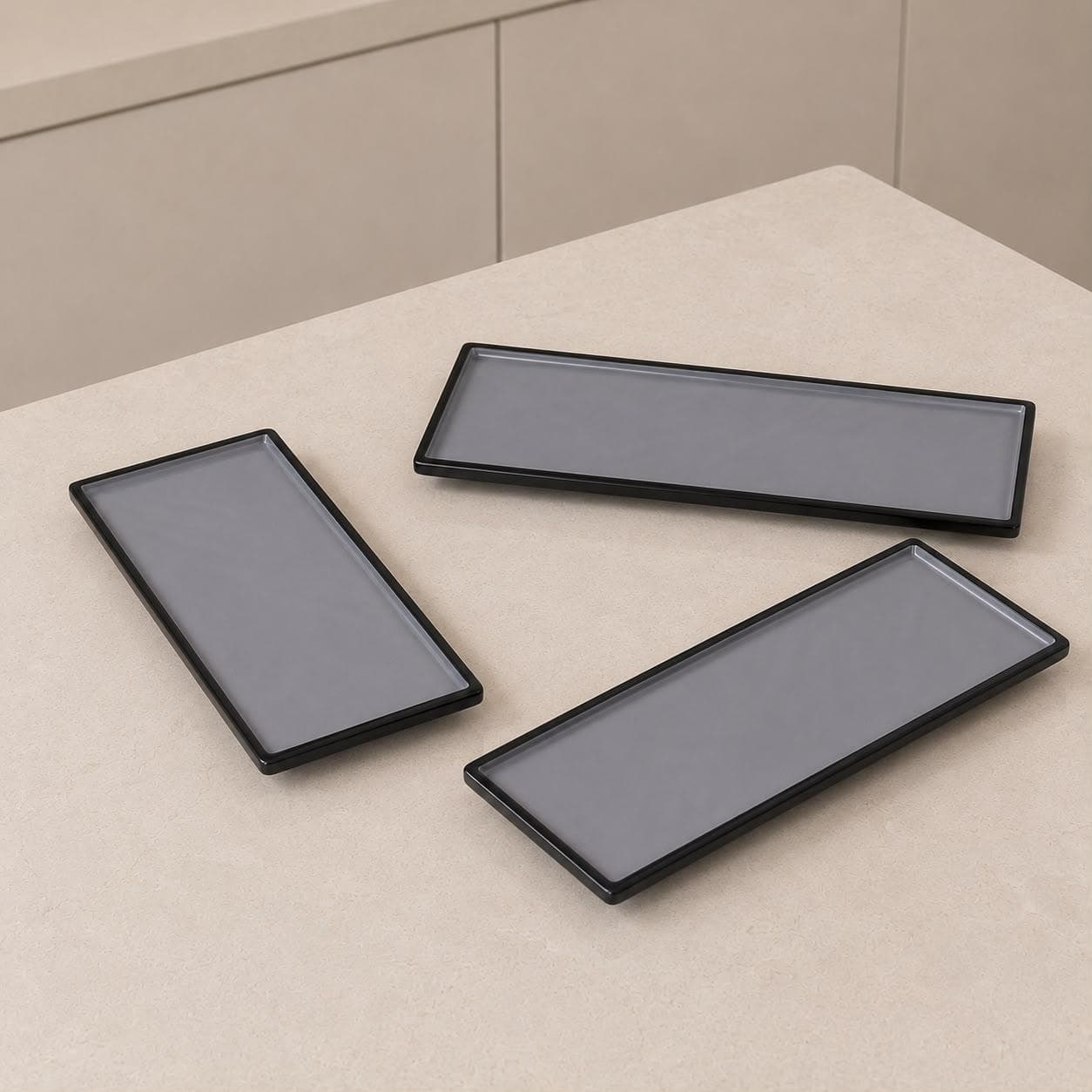 Luxury Long Rectangular Melamine Serving Tray Set of 3 Pieces with White Interior and Matte Gray Exterior


 5