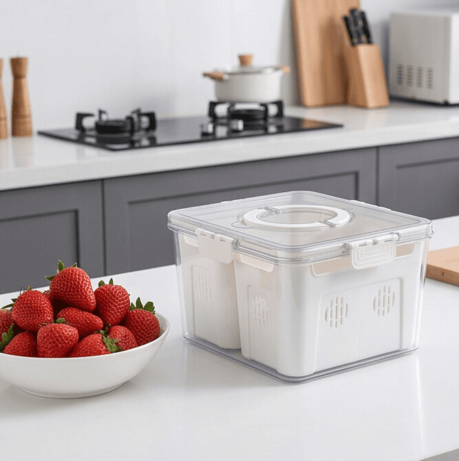 Clear 2-Compartment Food Storage Container with Center Handle and Drain Tray 3