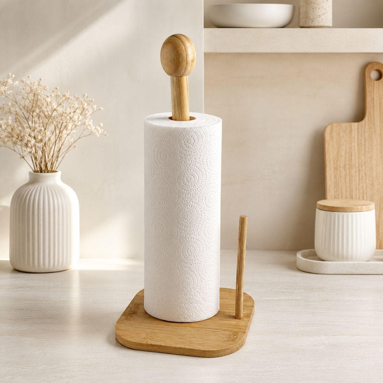 Vertical Wooden Paper Towel Holder with Square Base for Kitchen Roll – Size 16 cm

