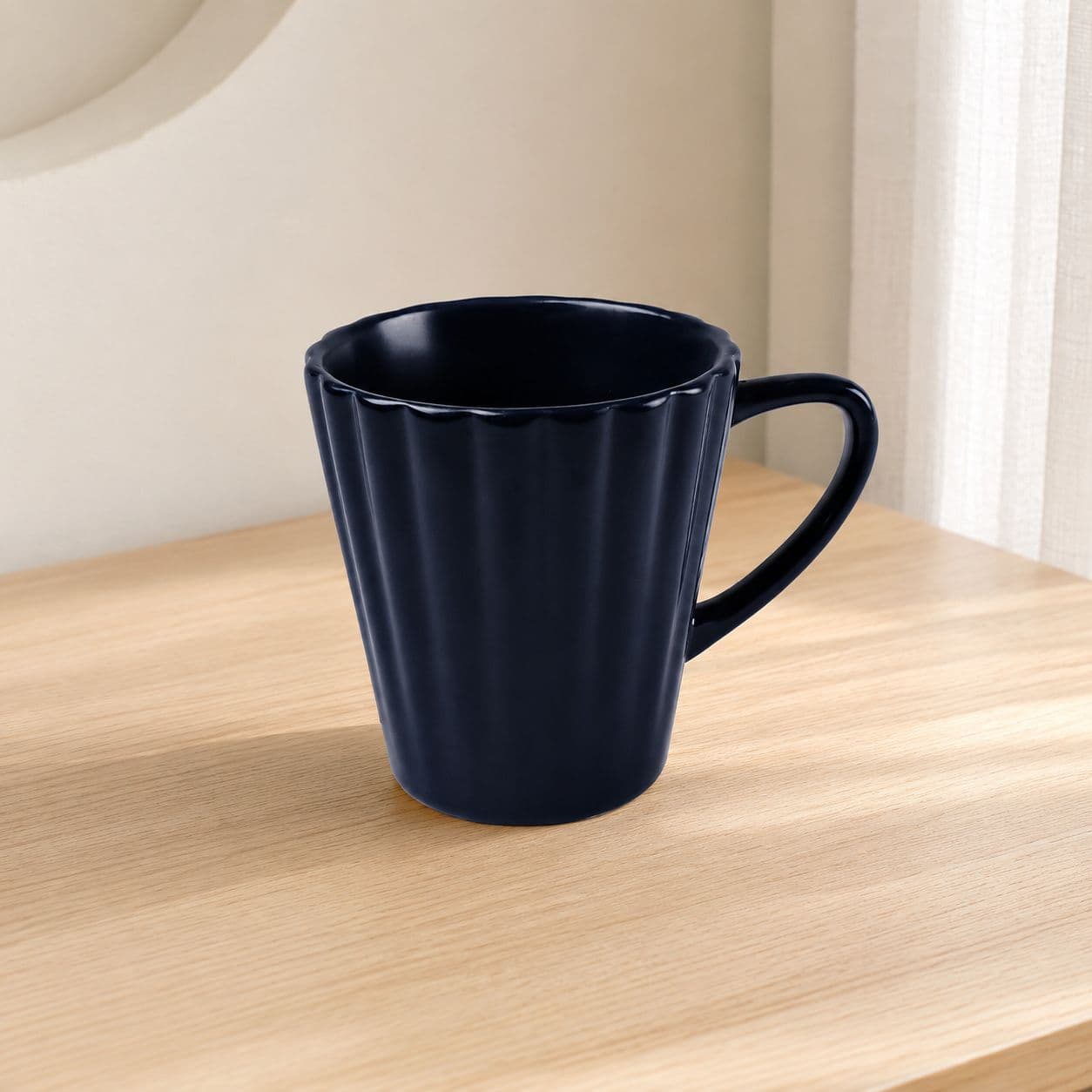 Ribbed Ceramic Mug with Handle – Navy Blue