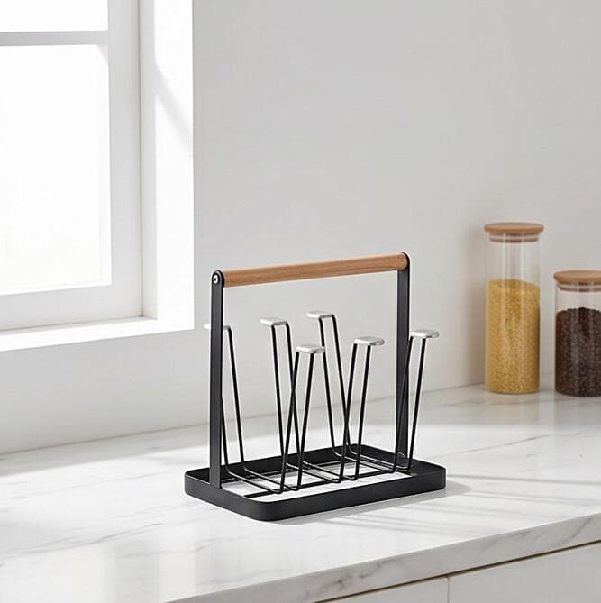 Metal Cup Holder with Wooden Handle and Drip Tray Black