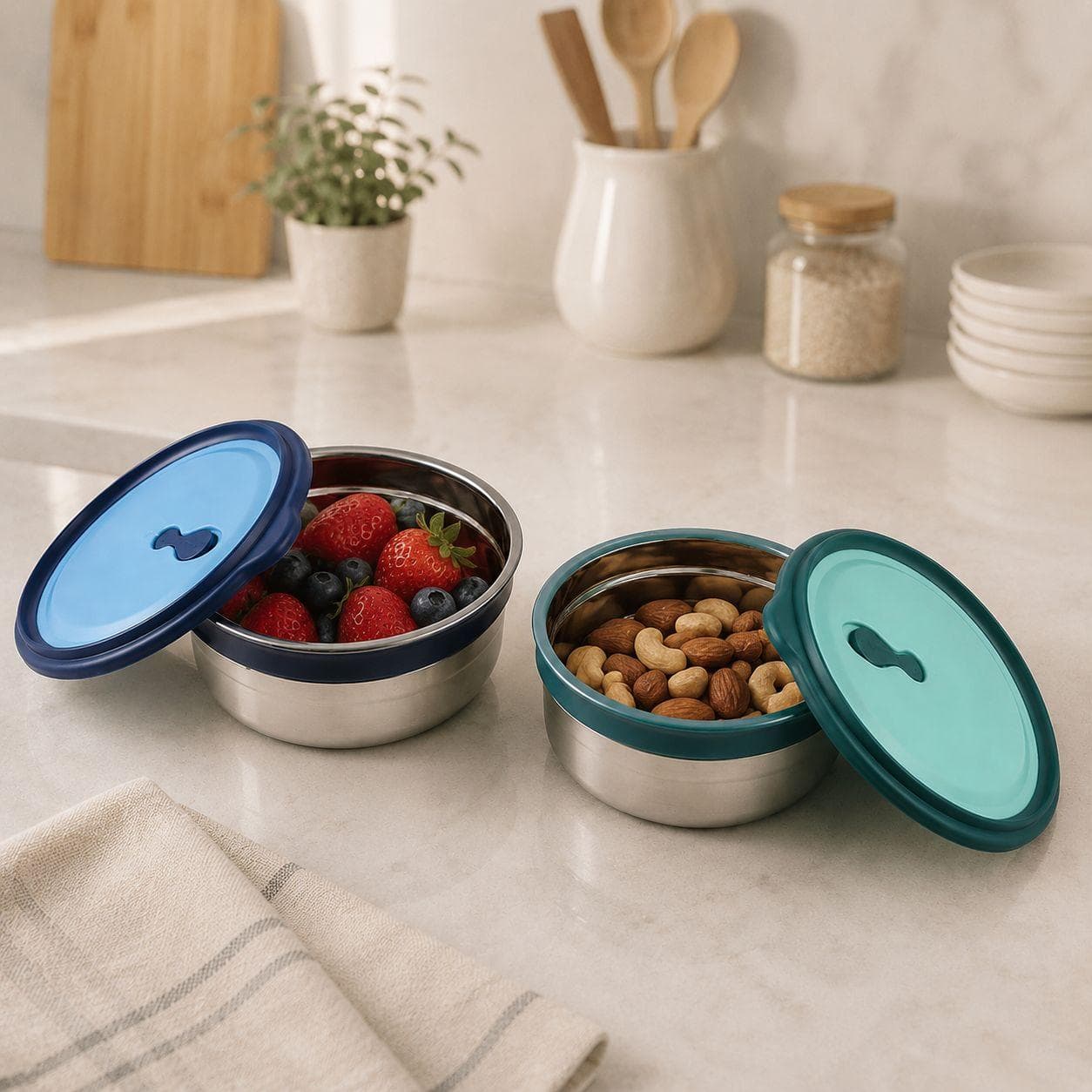 Plastic Round Food Container with Tight Lid – Set of 2 Pieces (Silver with Blue Lid + Silver with Green Lid)


