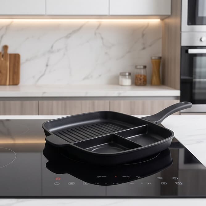 Multi-function square grill pan with a comfortable handle, ideal for grilling.