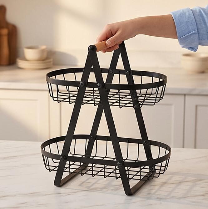Two-Tier Metal Fruit Basket with Wooden Handle Black