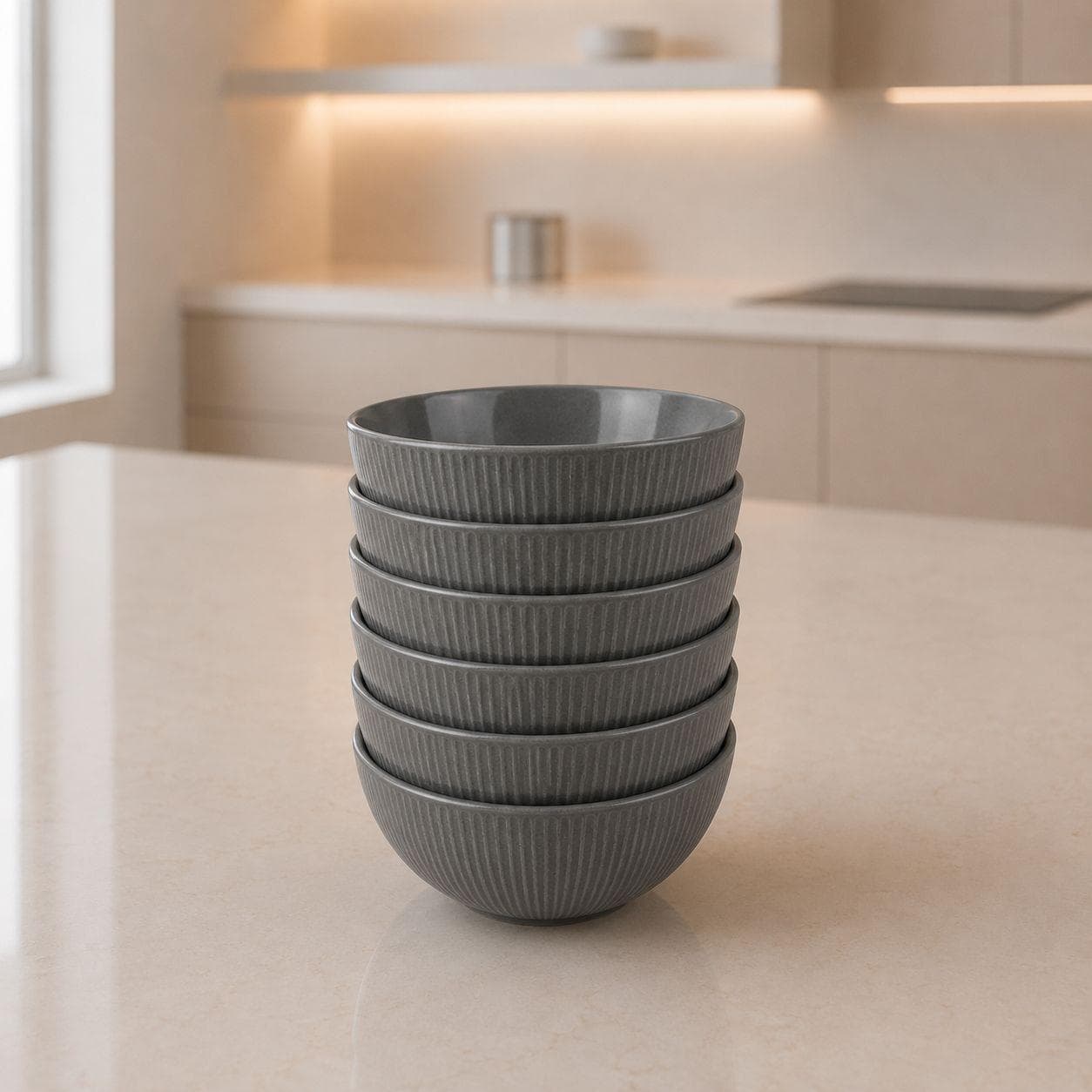 Luxury Ceramic Serving Bowl with Ribbed Pattern in Gray Set of 6 Pieces – Size 15 cm

