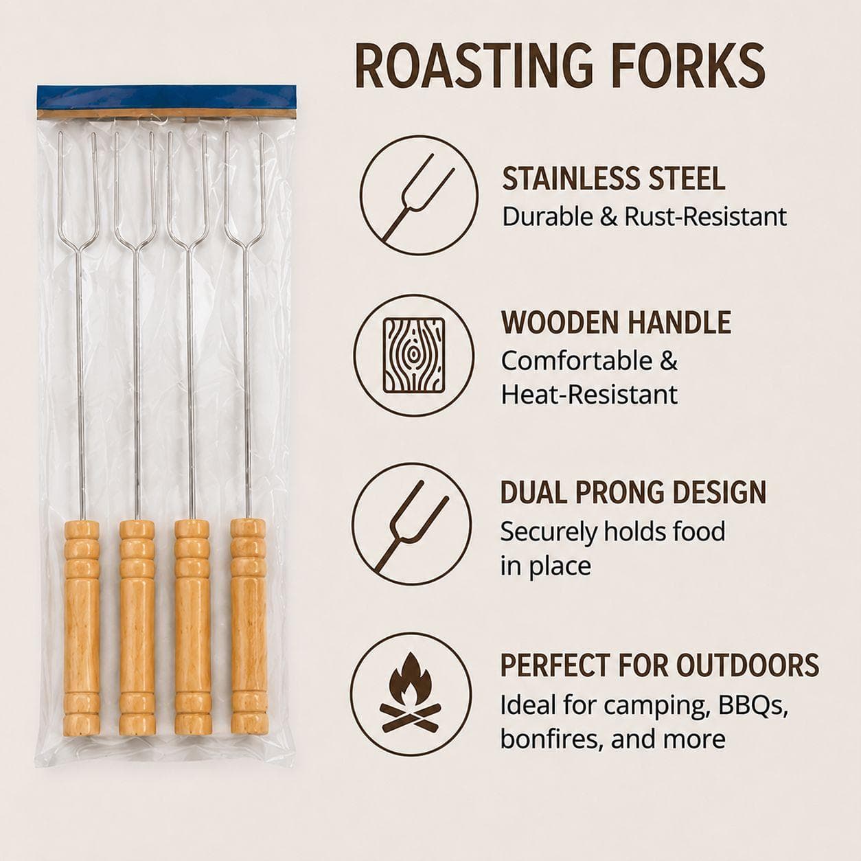 Stainless Steel BBQ Skewers with Wooden Handle - Set of 4 6
