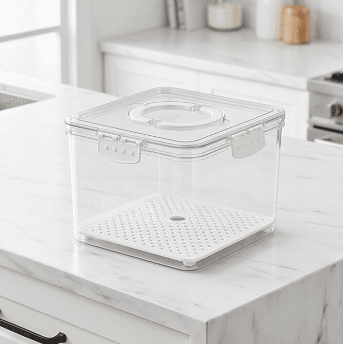 Clear Food Storage Container with Drain Tray and Side Locks