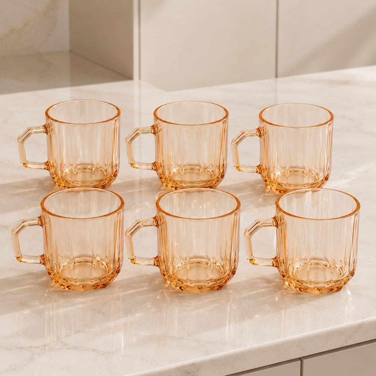 Amber Glass Hexagonal Mug Set with Handle - 6 Pieces