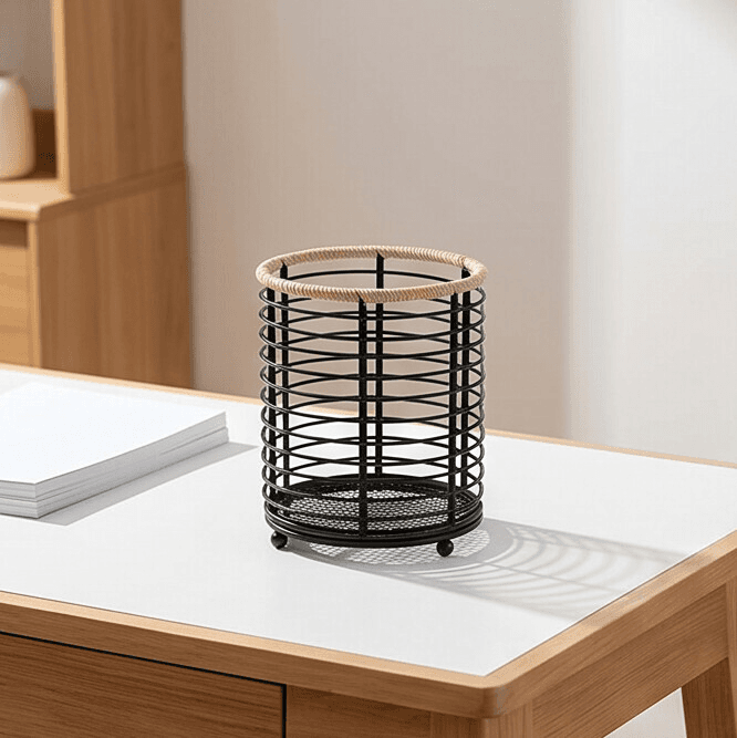 Cylindrical Metal Cutlery Holder with Rope Rim Black