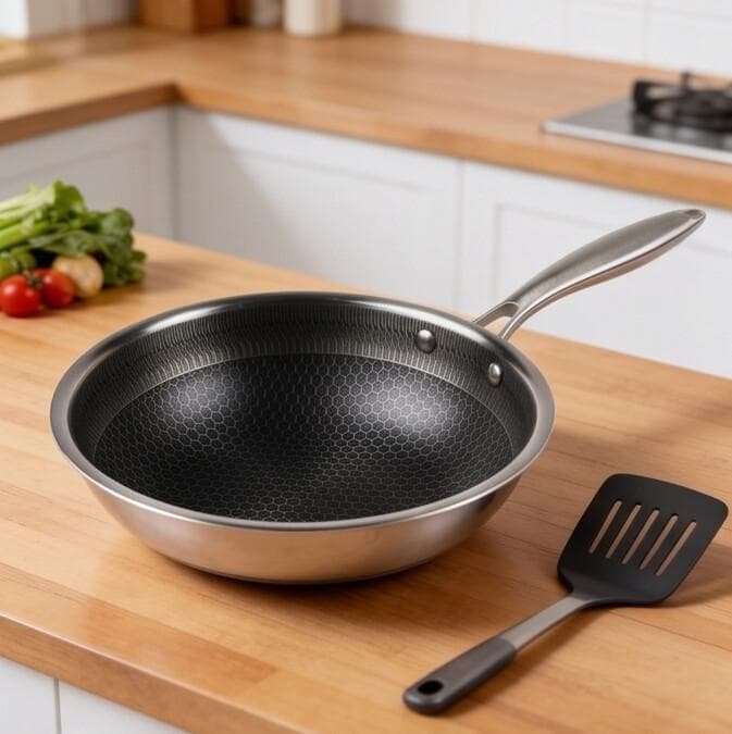 Tri-ply stainless steel pan without lid, size 24 × 7.5 cm, suitable for frying and cooking. 4