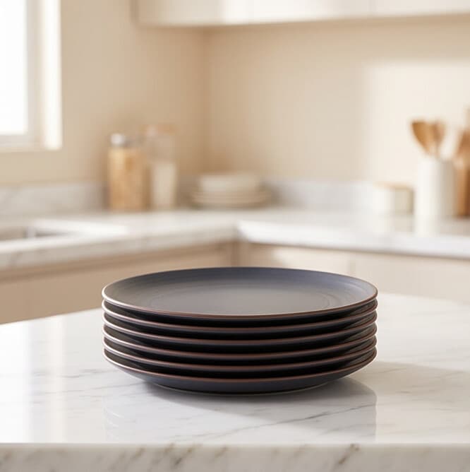 Matte Gray-Blue Porcelain Plate with Brown Rim 3
