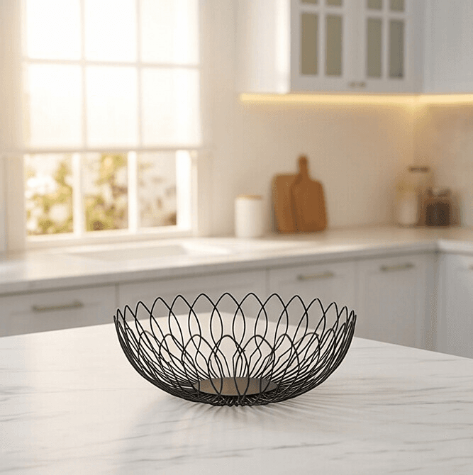 Elegant Floral Design Metal Fruit Basket Black