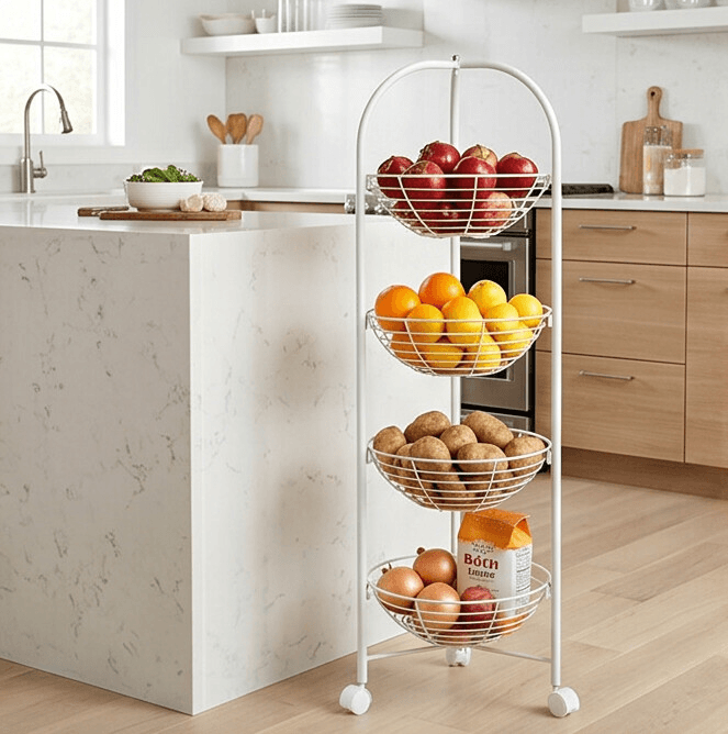Metal Storage Cart with Four Tiers and Wheels - White