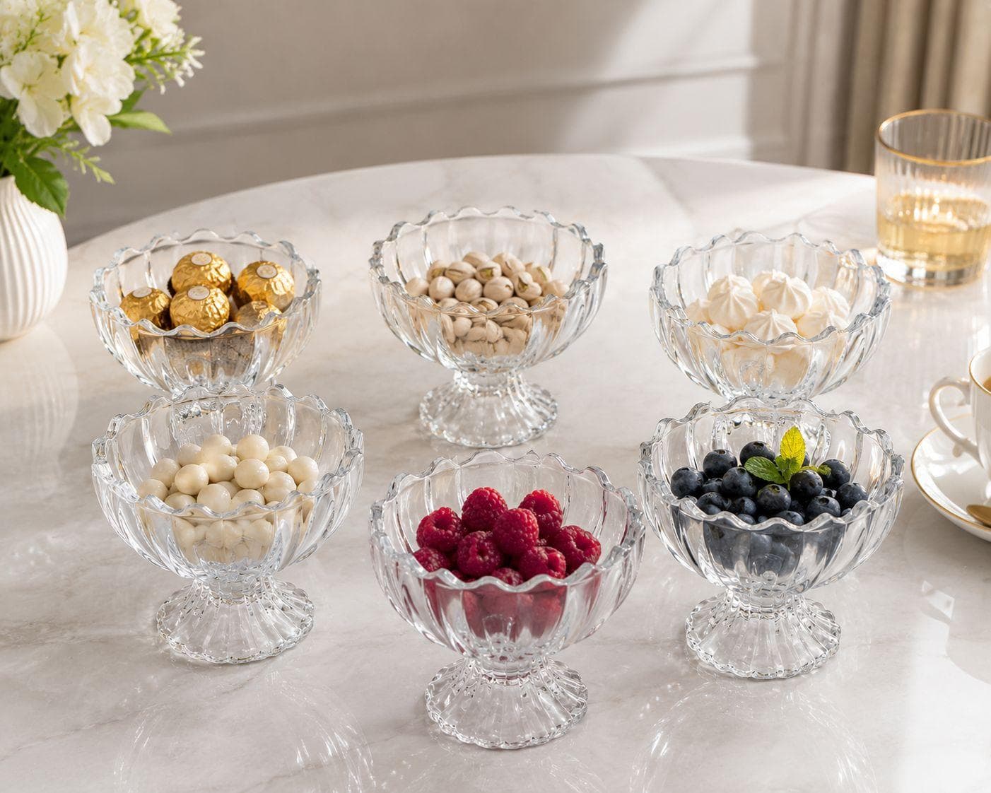 Glass Serving Plate Set with Pedestal Base - Floral Design - 6 Pieces - 120 ml 1