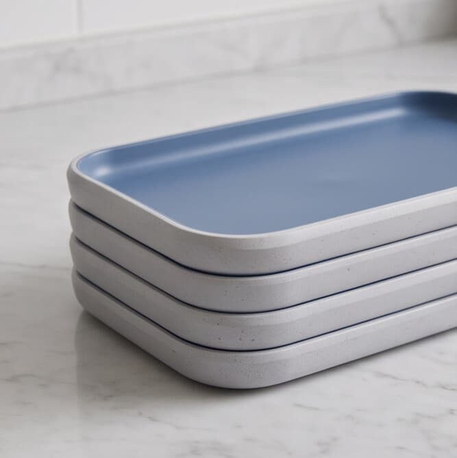 Premium Rectangular Melamine Serving Tray Set of 4, Two-Tone Design - Blue Inside, Matte White Outside