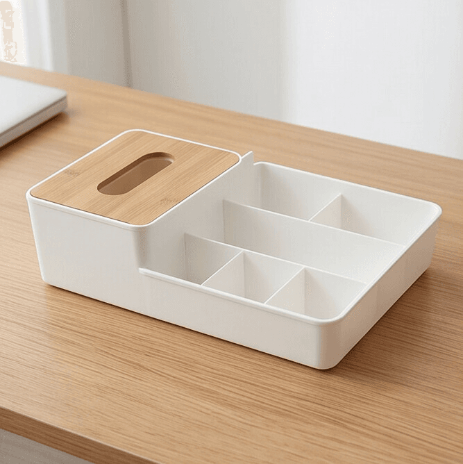 Multi-Compartment Tissue Box Organizer with Wooden Lid