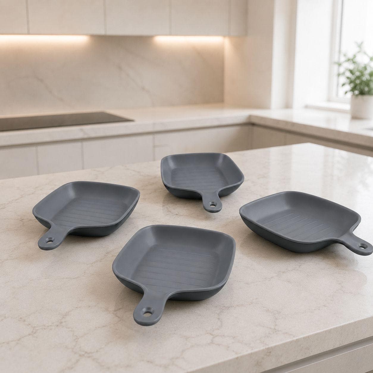 Luxury Cutting Board Style Melamine Serving Tray with Long Handle in Gray Set of 4 Pieces – Size 26.5×19×4 cm



 5