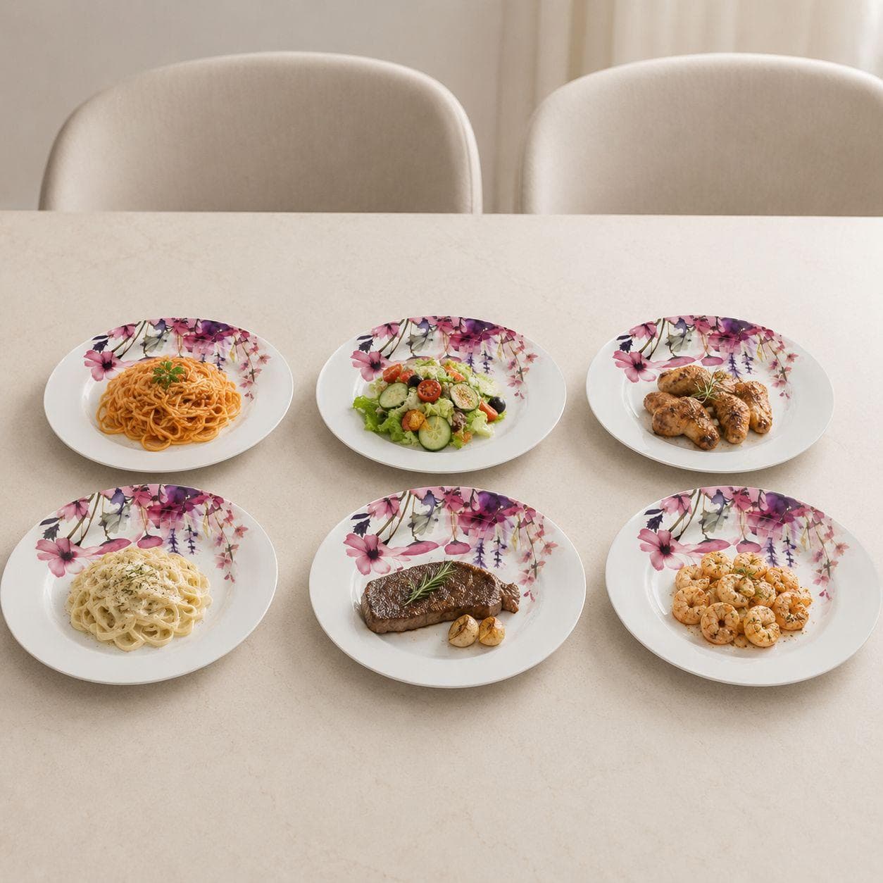 White Porcelain Plate Set with Floral Design - 6 Pieces
