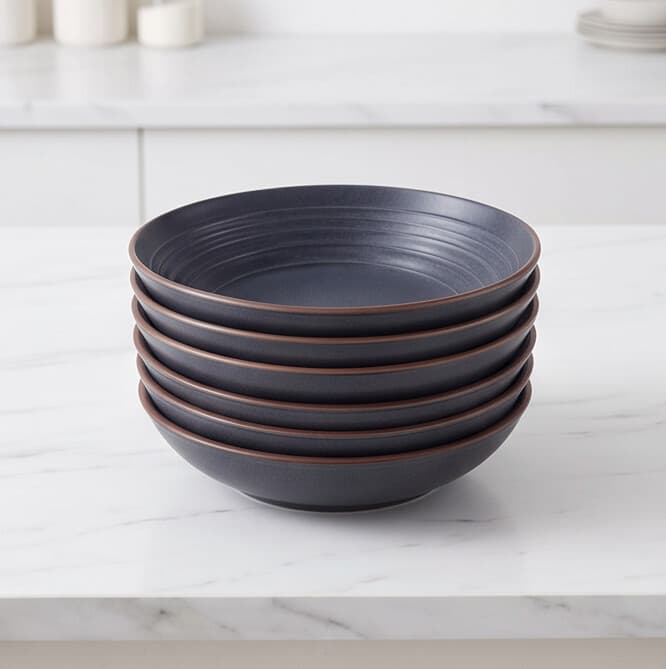 Matte Gray-Blue Ceramic Bowl with Brown Rim 1