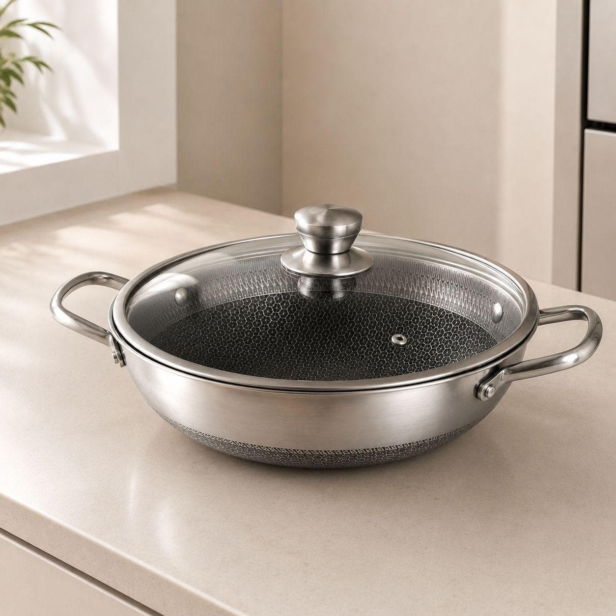 Stainless steel pan with side handles and lid, size 28 × 8 cm, suitable for daily cooking.