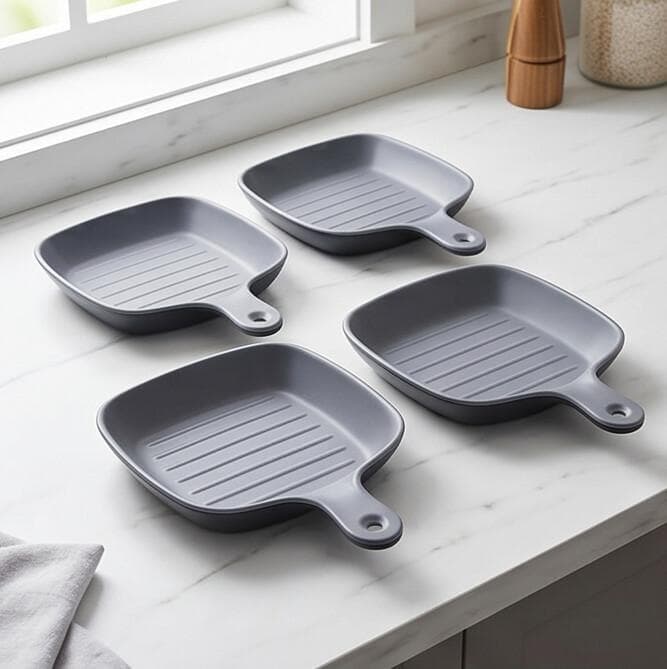 Luxury Innovative Melamine Serving Plate with Main Section and Small Sauce Compartment Set of 4 Pieces in Gray – Size 22.5×16×3.5 cm


