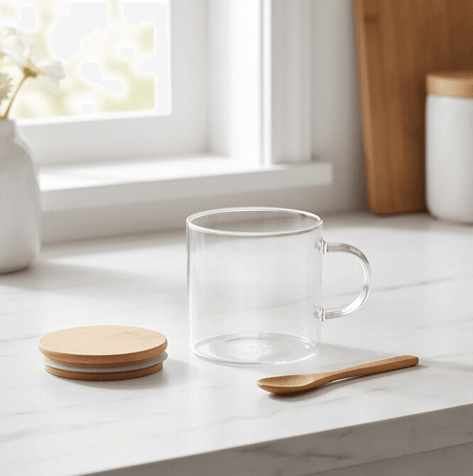Clear Glass Airtight Storage Jar with Bamboo Lid and Wooden Spoon for Food and Spices – Size 8.5×8 cm

