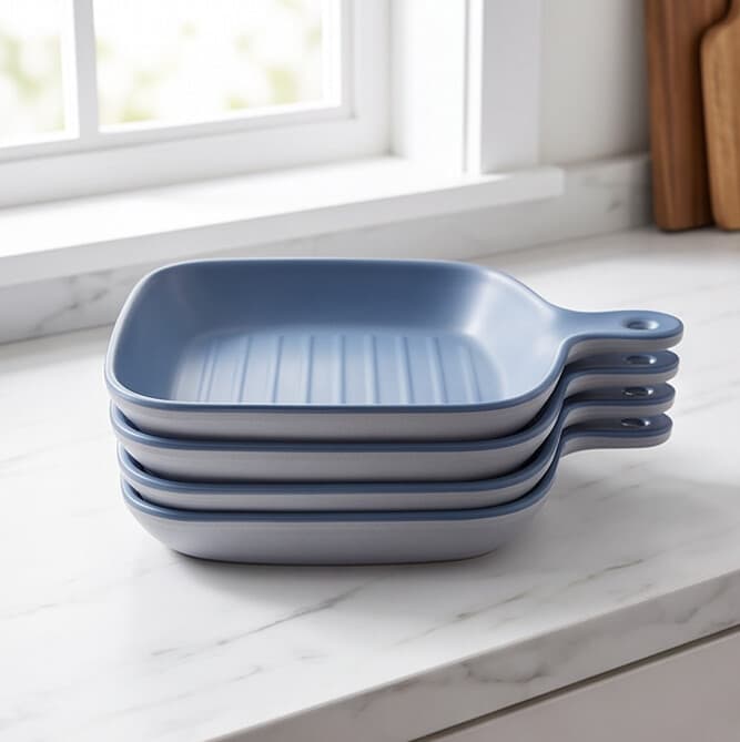 Melamine Serving Tray with Handle, Pan Design - Matte Blue