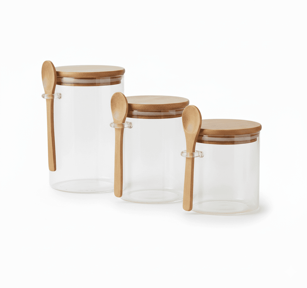 Clear Glass Airtight Storage Jar with Bamboo Lid and Wooden Spoon for Food and Spices – Size 8.5×15 cm

 5
