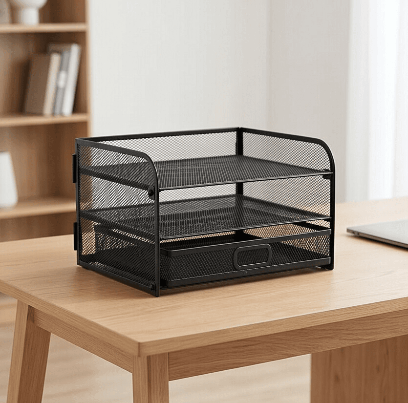Two-Tier Metal Mesh Desk Organizer Black