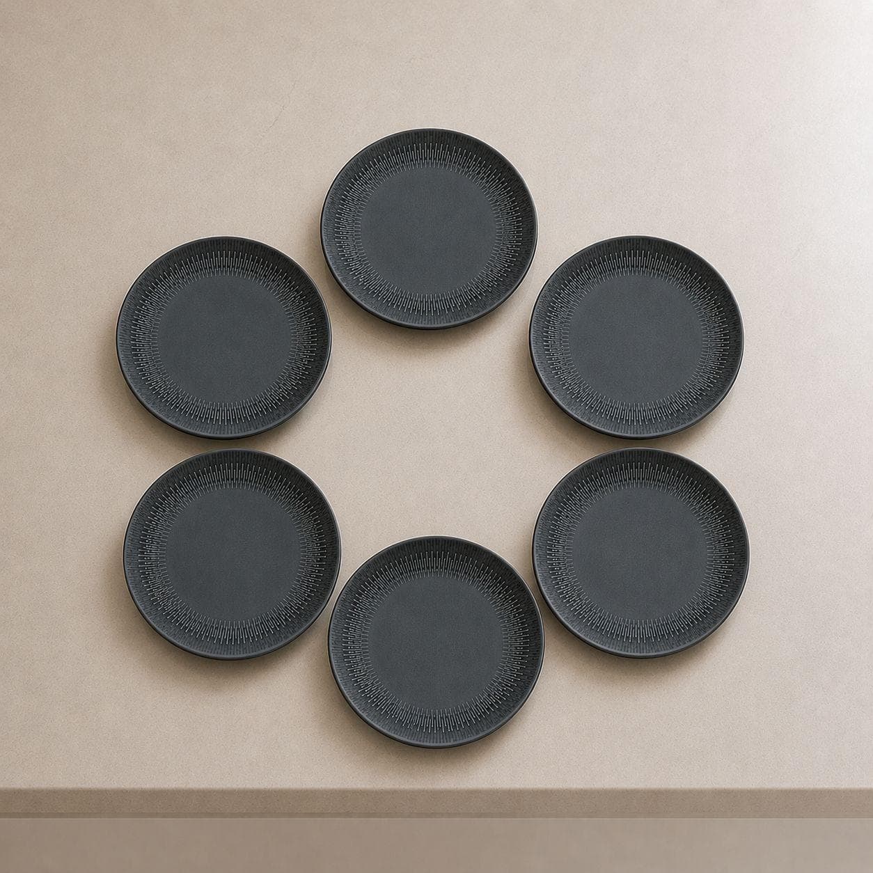Luxury Large Ceramic Serving Plate with Radial Pattern on Edges in Gray Set of 6 Pieces – Size 26.5 cm

 6