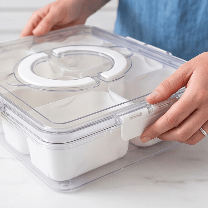 Clear 6-Compartment Food Storage Container with Center Handle and Drain Tray