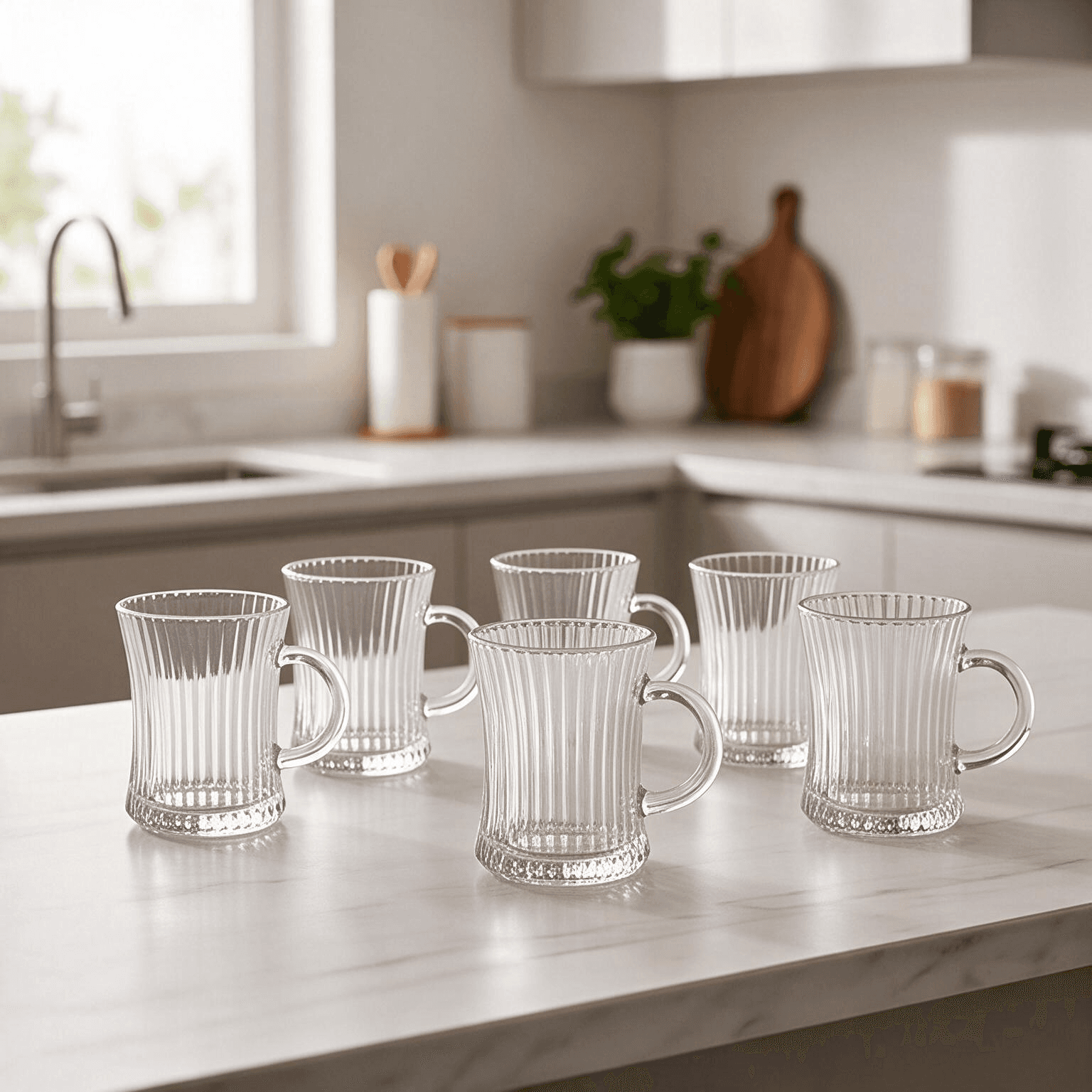 Modern Ribbed Glass Tea Mug with Handle – Clear