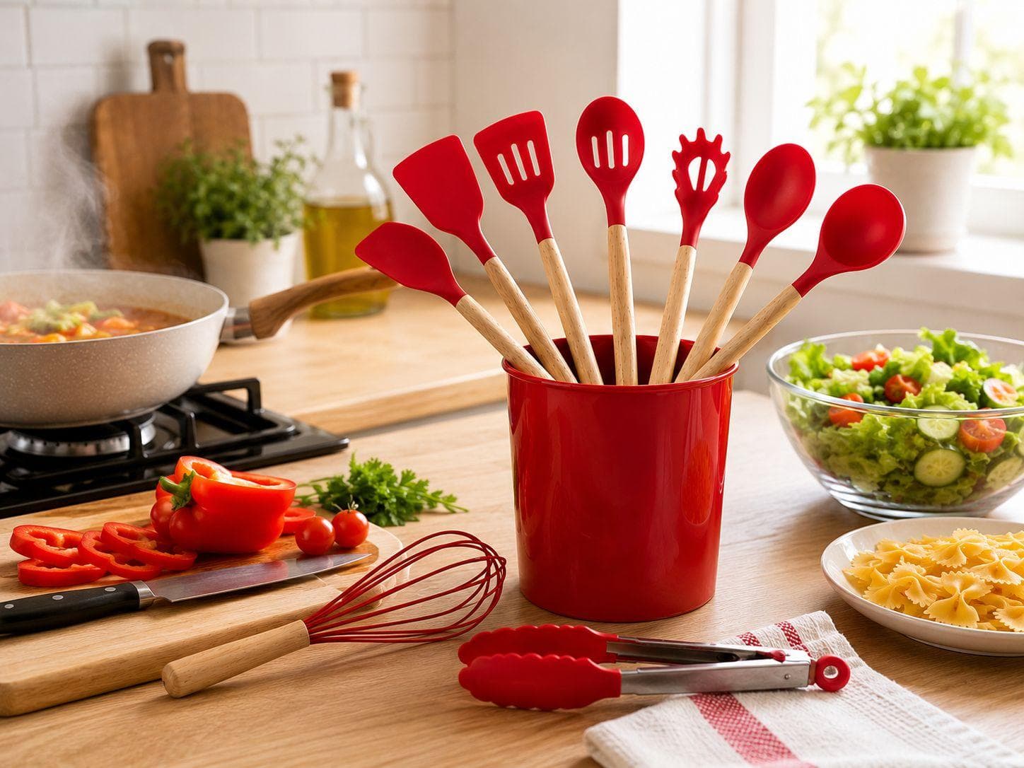 Silicone Kitchen Tools Set with Wooden Handles - 11 Pcs with Holder 4