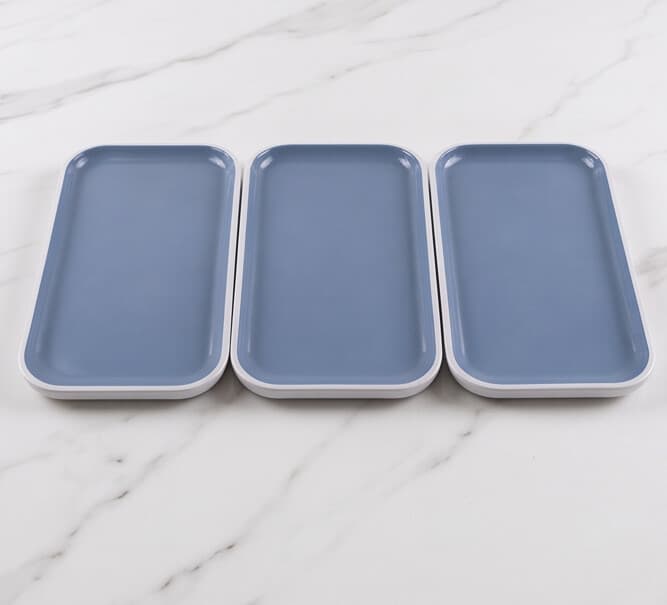 Luxury Rectangular Two-Tone Melamine Serving Tray with Dark Blue Interior and White Exterior Set of 3 Pieces – Size 20×13.3×1.6 cm

