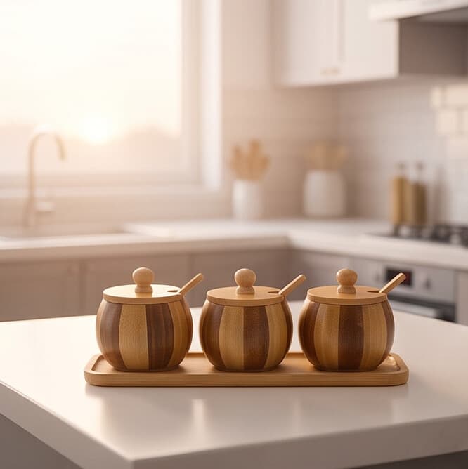 Bamboo Spice Set with Tray & Spoons - 3 Pcs