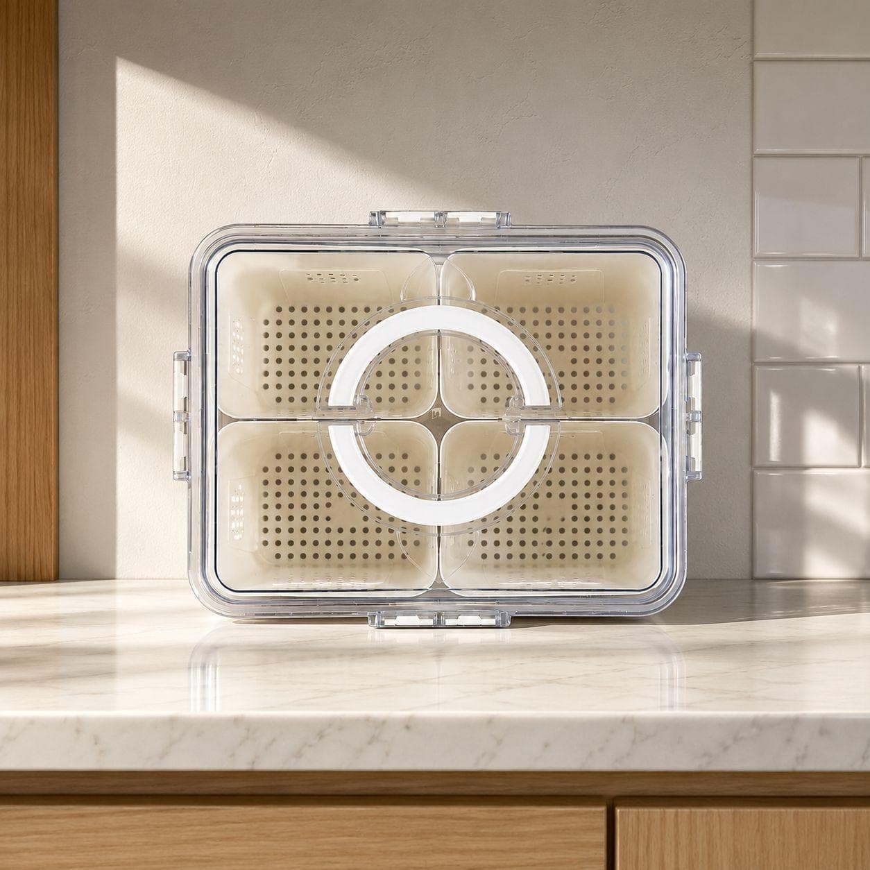 Clear 4-Compartment Food Storage Container with Center Handle and Drain Tray 3