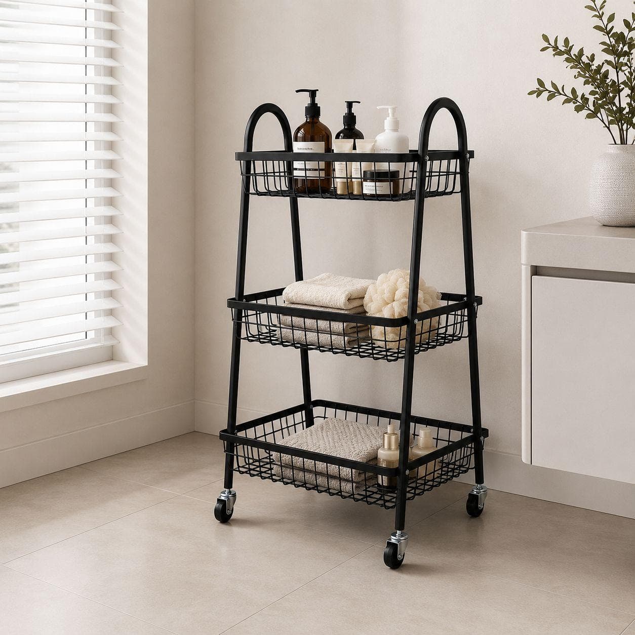 Metal Organizer Cart with Three Mesh Shelves and Wheels – 41×38×79 CM