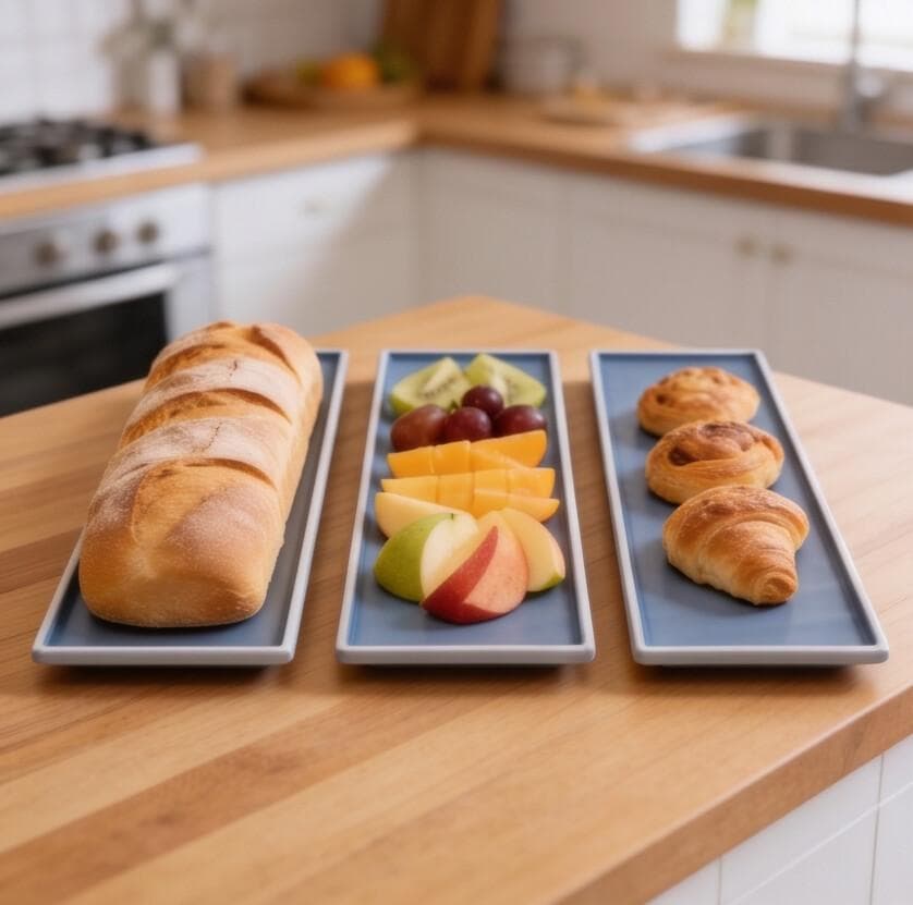 Luxury Long Rectangular Two-Tone Melamine Serving Tray Set of 3 Pieces with Blue Interior and Matte White Exterior – Size 35×12.5 cm

