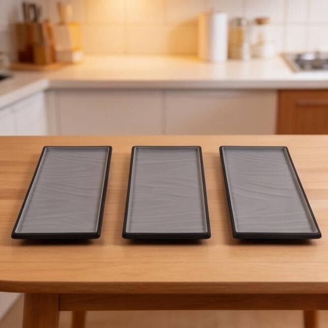 Luxury Long Rectangular Melamine Serving Tray Set of 3 Pieces with White Interior and Matte Gray Exterior


