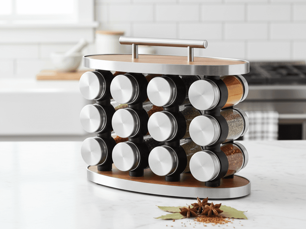 Rotating Spice Organizer Base - Stainless Steel with Wooden Base - 12 Jars