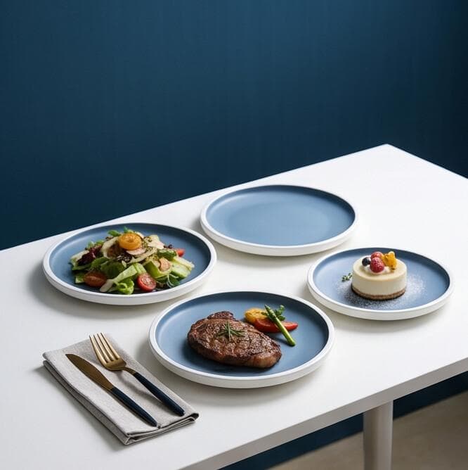 Premium Round Melamine Serving Plate Set of 4, Two-Tone Design - Blue Inside, Matte White Outside