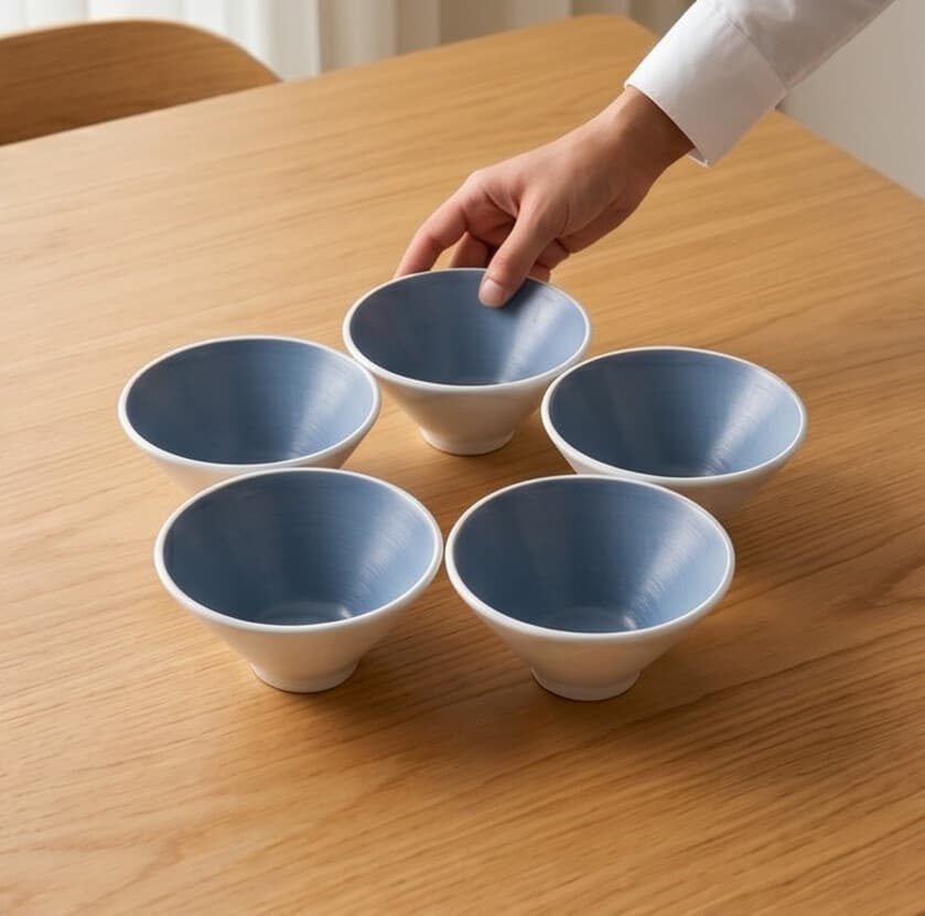 Luxury Small Conical-Design Melamine Serving Bowl Set of 5 Pieces with Blue Interior and Matte White Exterior – Size 12.5×6.5 cm

