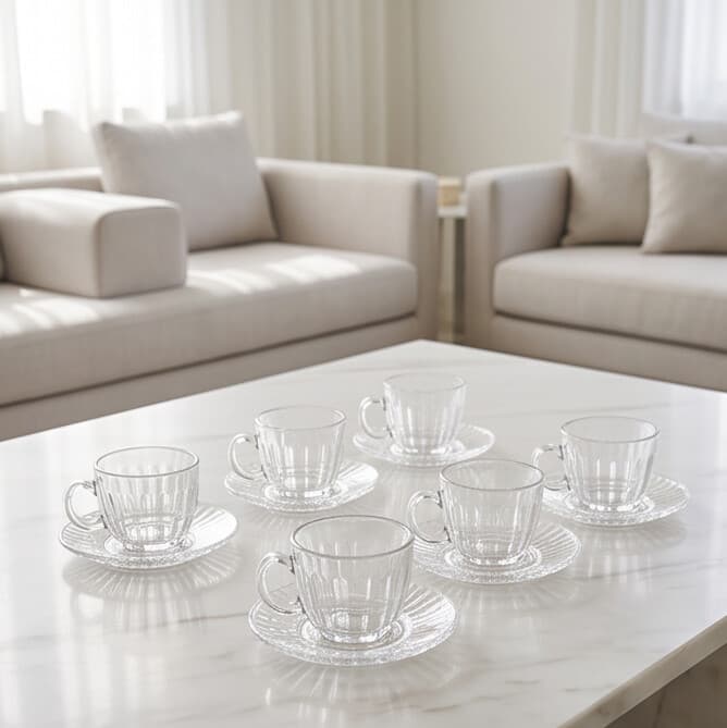 Ribbed Glass Coffee Cup & Saucer Set (6 Pieces) 3