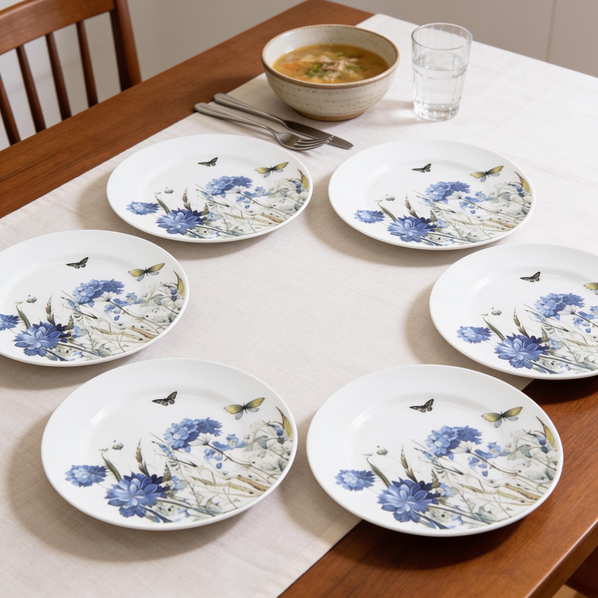 White Porcelain Plate Set - Blue Floral & Butterfly Design - 6 Pieces 5