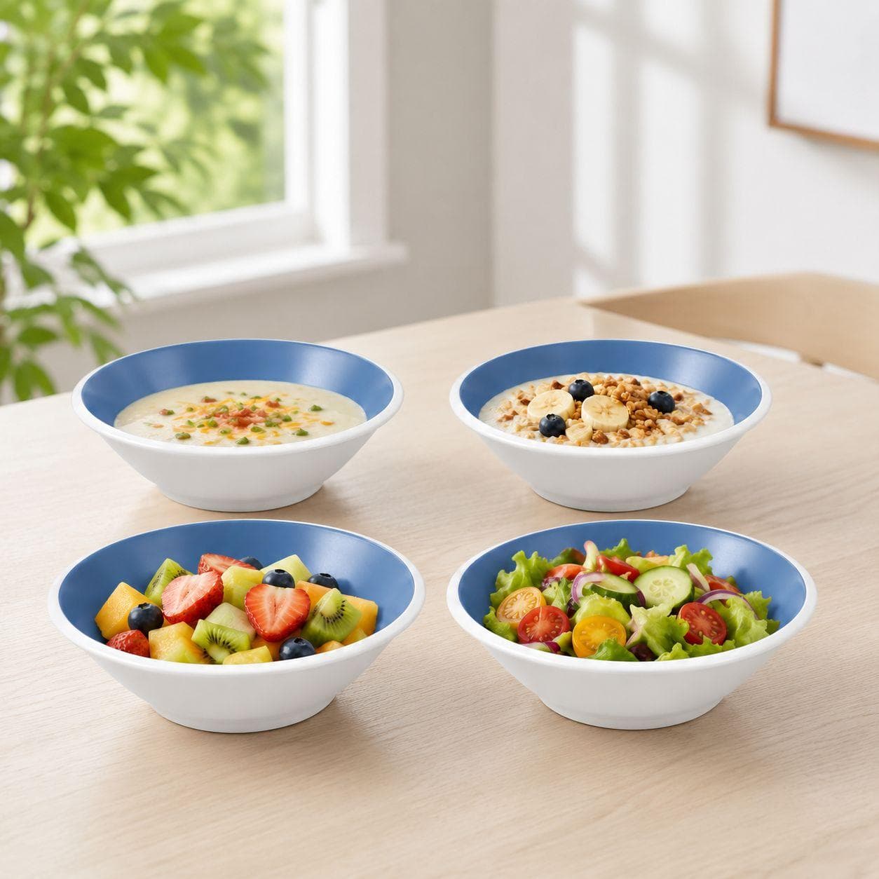 Premium Small Round Deep Melamine Serving Bowl Set of 4 - Blue Inside, Matte White Outside