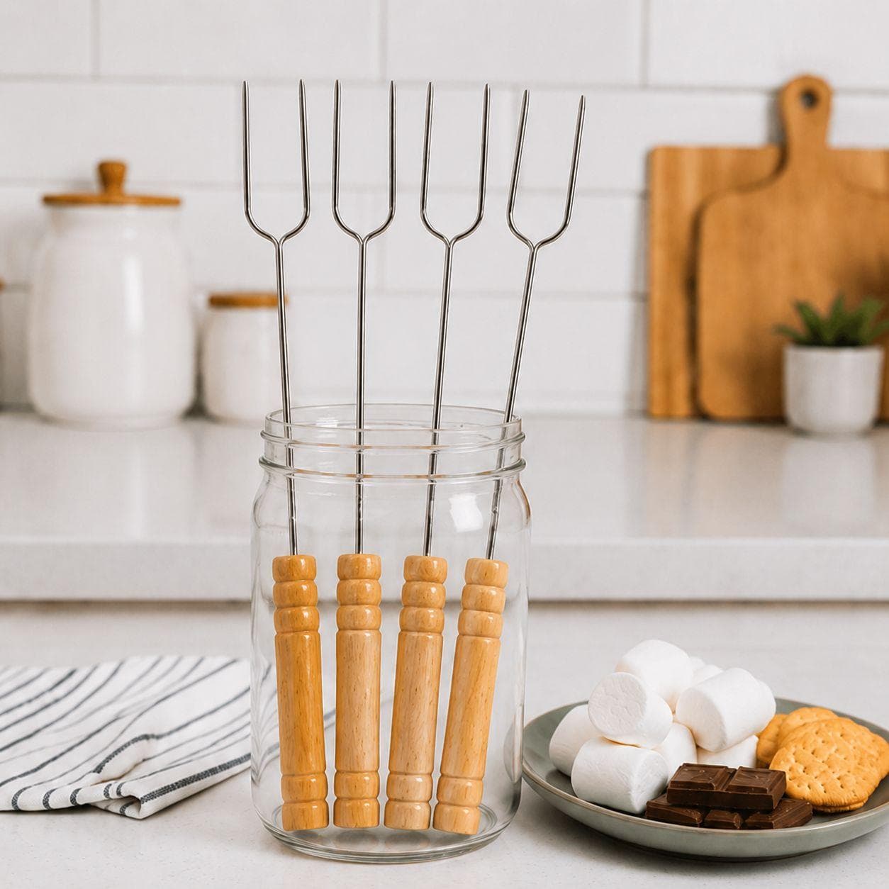 Stainless Steel BBQ Skewers with Wooden Handle - Set of 4