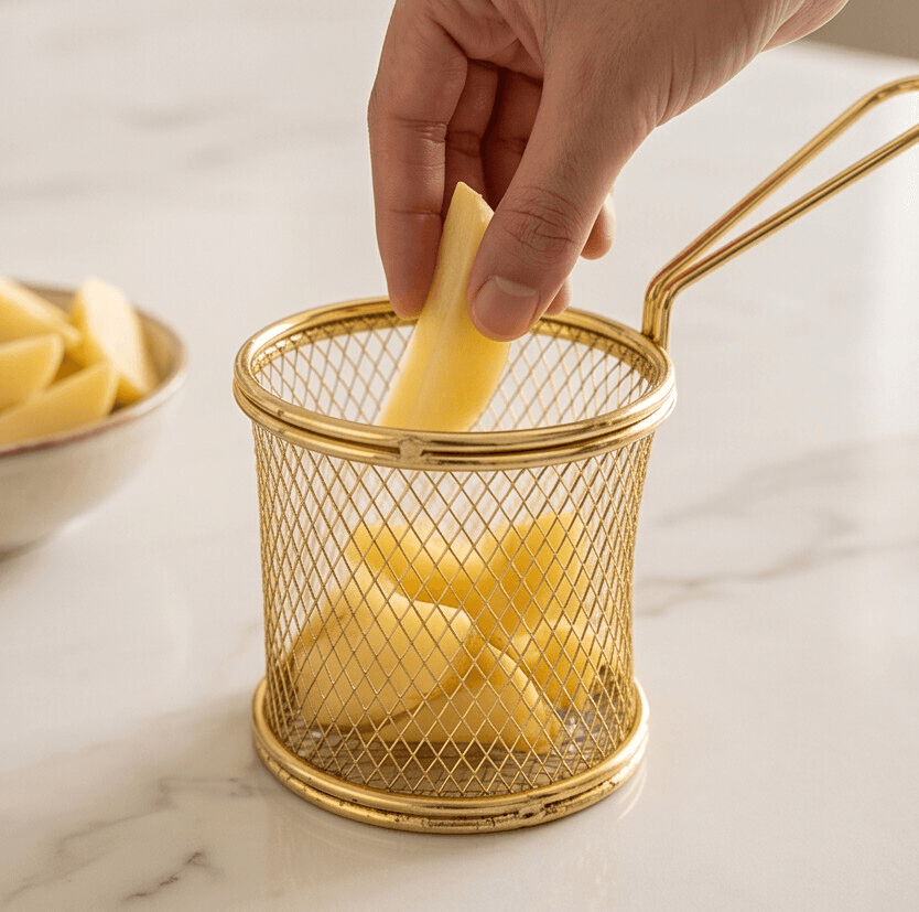 Metal Serving Basket with Handle for Fries & Fried Snacks – Size 7.5×13.5 cm
